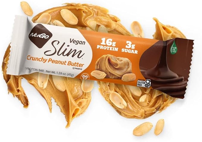 NuGo Slim Dark Chocolate Crunchy Peanut Butter, 17g Vegan Protein, 3g Sugar, 7g Fiber, 180 Calories, Low Net Carbs, Gluten Free, 12 Count