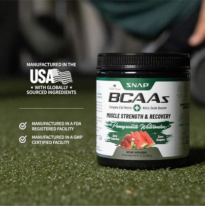 Snap BCAA Powder Essential Amino Energy Supplement with Nitric Oxide Booster - Watermelon Flavor - Pre Workout Powder, Recovery Supplements Post Workout, Muscle Strength & Performance (30 Servings)