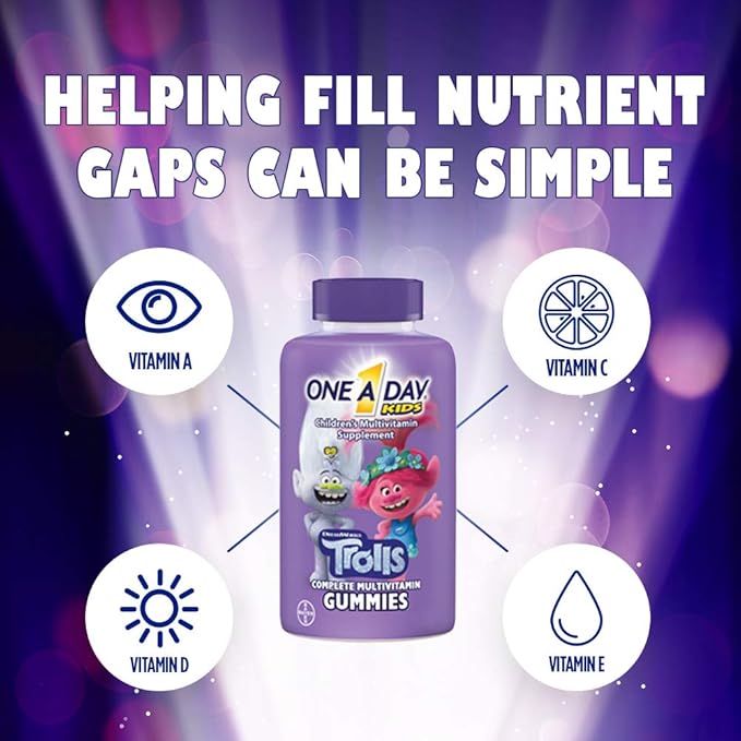 One A Day Kids Trolls Multivitamin Gummy, Kids Vitamins with Vitamins A, B6, B12, C, D, E, Zinc, Folic Acid and Biotin (Packaging May Vary), Trolls, 180 Count