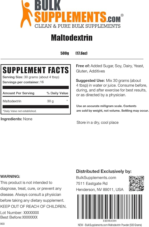 BulkSupplements.com Maltodextrin Powder - Maltodextrin Supplement for Energy Boost, Maltodextrin Food Grade - Unflavored & Gluten Free, 30g per Serving, 500g (1.1 lbs) (Pack of 1)