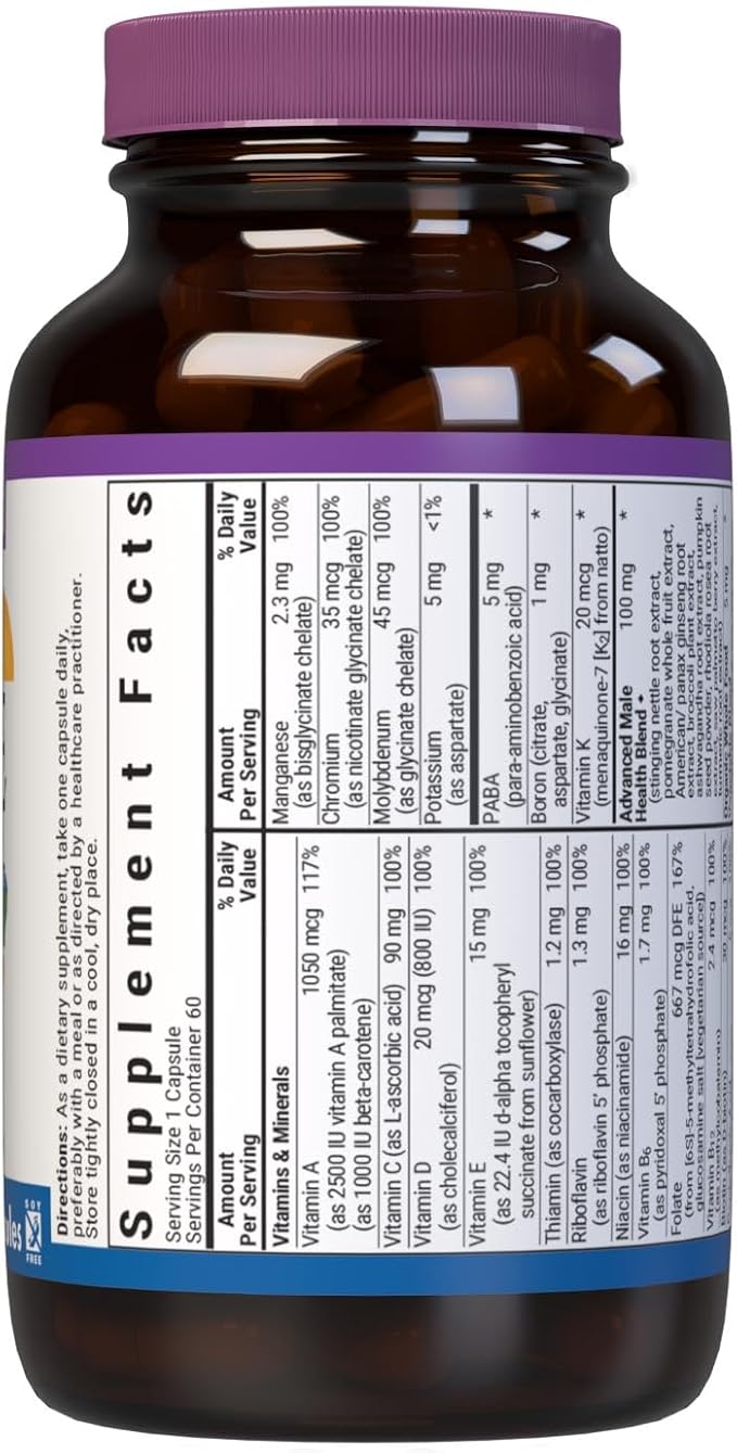 Bluebonnet Nutrition Men’s One Vegetable Capsule, Whole Food Multiple, K2, Organic, Energy, Vitality, Non-GMO, Gluten, Soy & Milk Free, Kosher, 3 Month Supply, 90 Count