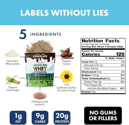 Opportuniteas Grass Fed Chocolate Whey Protein Isolate Powder - 20g Protein Powder Without Artificial Sweeteners, Hormone-Free Cows, Non GMO - 5lb