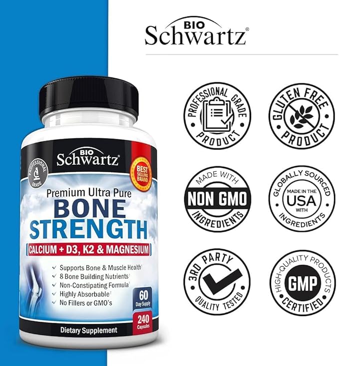 Bone Strength Supplement with Calcium Magnesium Vitamin D3 K2 Zinc (60 Day Supply) 8 Bone Building Nutrients for Bone & Muscle Support - High Absorption Non-Constipating Formula - 240 Veggie Capsules