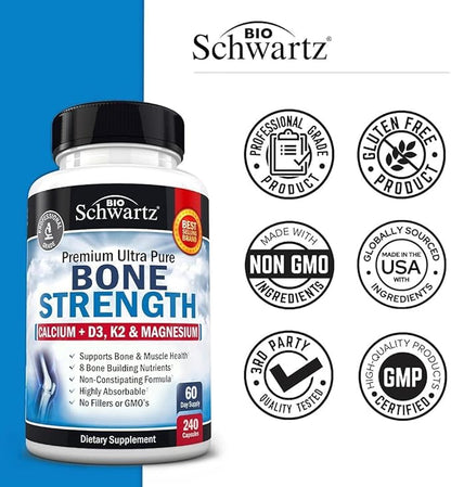 Bone Strength Supplement with Calcium Magnesium Vitamin D3 K2 Zinc (60 Day Supply) 8 Bone Building Nutrients for Bone & Muscle Support - High Absorption Non-Constipating Formula - 240 Veggie Capsules