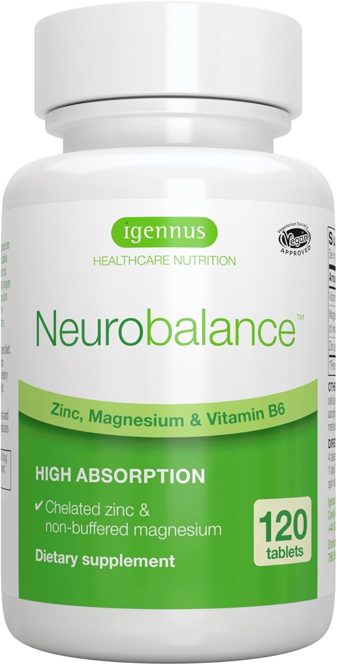 Neurobalance, High Absorption Zinc Magnesium B6 Supplement, Non-GMO Brain, Sleep & Immune, Chelated Zinc Picolinate 24mg, Oxide-Free Magnesium & Vitamin B6, 120 Tablets, by Igennus