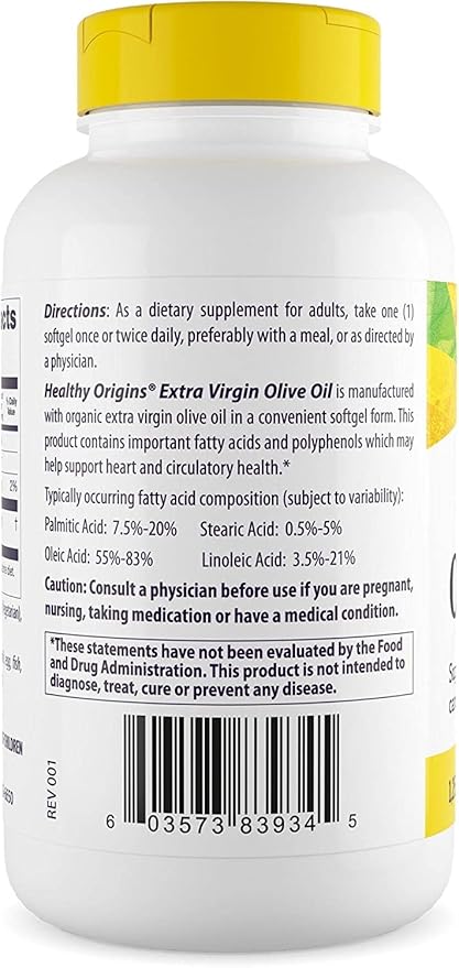 Healthy Origins Olive Oil, 1250 mg - Heart Health Supplement with Organic Cold-Pressed Extra Virgin Olive Oil - Gluten-Free Supplements for Men & Women - 120 Softgels