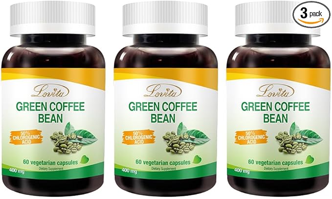 Lovita Green Coffee Bean Extract: Natural Antioxidant, High Potency - 1600mg Equivalent, 50% Chlorogenic Acid, Vegan-Friendly Dietary Supplement - 60 Capsules (Pack of 3)