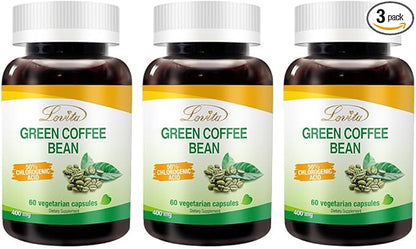 Lovita Green Coffee Bean Extract: Natural Antioxidant, High Potency - 1600mg Equivalent, 50% Chlorogenic Acid, Vegan-Friendly Dietary Supplement - 60 Capsules (Pack of 3)