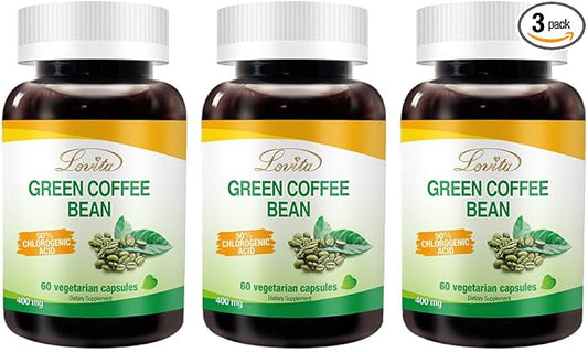 Lovita Green Coffee Bean Extract: Natural Antioxidant, High Potency - 1600mg Equivalent, 50% Chlorogenic Acid, Vegan-Friendly Dietary Supplement - 60 Capsules (Pack of 3)