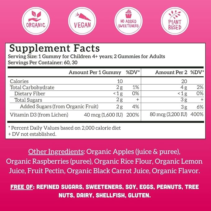 Llama Naturals Vitamin D3 Gummies for Kids & Adults, Real Fruit Gummy Vitamins for Immune Support, Healthy Bones & Overall Health, Organic, Vegan, No Sugar Added, Raspberry, 60 Ct (30-60 Day Supply)