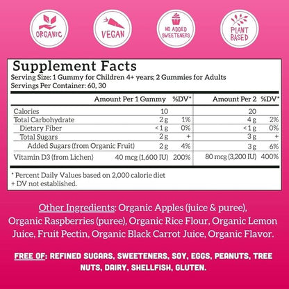 Llama Naturals Vitamin D3 Gummies for Kids & Adults, Real Fruit Gummy Vitamins for Immune Support, Healthy Bones & Overall Health, Organic, Vegan, No Sugar Added, Raspberry, 60 Ct (30-60 Day Supply)