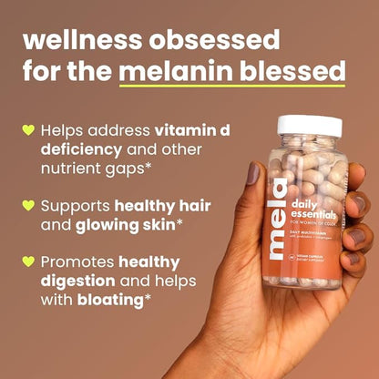 Mela Daily Essentials Multivitamin for Melanated Women - High-Dose Vitamin D3 and B12, Probiotics, Lion's Mane, Ceylon Cinnamon - Vegan, Gluten Free, Non-GMO, 30 Day Supply (60 Capsules)