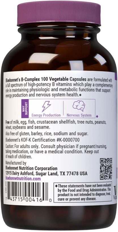 Bluebonnet Nutrition B Complex 100 Vegetable Capsules, Complete Full Spectrum, Vitamin B6, B12, Biotin, Folate, Vegan, Vegetarian, Gluten Free, Soy Free, Milk Free, Kosher, 50 Vegetable Capsules