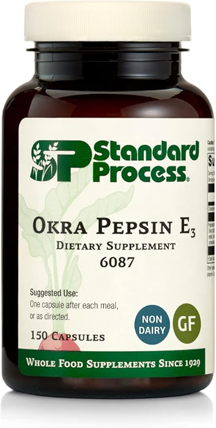 Standard Process Okra Pepsin E3 - Whole Food Digestion and Digestive Health, Cholesterol, Bowel and Bowel Cleanse with Pepsin, Alfalfa, Spanish Moss, Buckwheat and Okra - Gluten Free - 150 Capsules