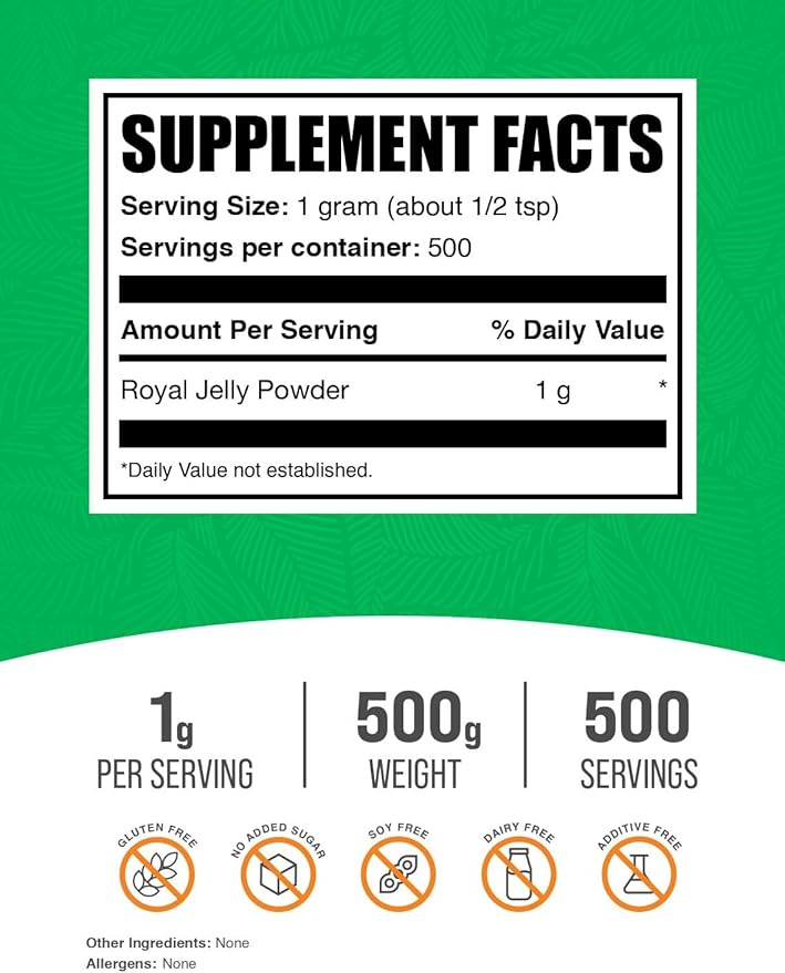BulkSupplements.com Royal Jelly Powder - Royal Jelly Supplement, Royal Jelly 1000mg - for Immune Support, Gluten Free, 1000mg per Serving, 500g (1.1 lbs) (Pack of 1)