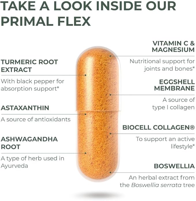 Primal Harvest, Primal Flex Joint Supplement with Collagen, Turmeric, Boswellia and Ashwagandha (60 Count) 1 Pack
