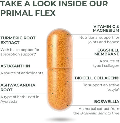 Primal Harvest, Primal Flex Joint Supplement with Collagen, Turmeric, Boswellia and Ashwagandha (60 Count) 1 Pack