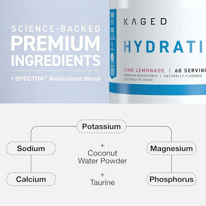 Kaged Electrolyte Hydration Powder | Hydracharge Pink Lemonade | Sports Drink for Men and Women | Pre, Post, Intra Workout Supplement | 60 Servings
