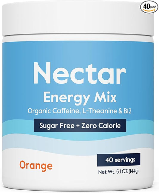 Nectar Energy Booster - Organic Caffeine, B12 & Electrolytes - Sugar Free & Zero Calorie – Healthy Coffee, Energy Drink & Soda Alternative – Hydration & Energy Supplement (Orange 40 Serving Tub)
