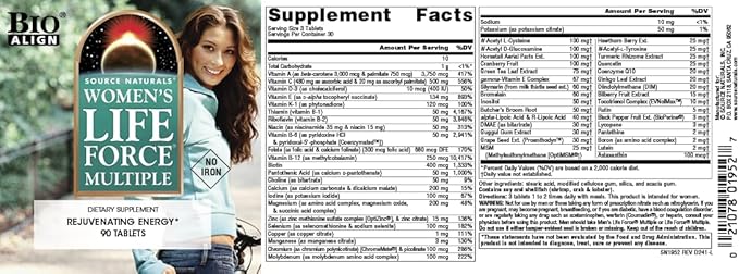 Source Naturals Women's Life Force Multiple Iron Free - Daily Complete Multivitamin 13 Essential Vitamins, Antioxidants, Herbs, Nutrients & Minerals - Enhanced Energy & Immune Boost - 90 Tablets