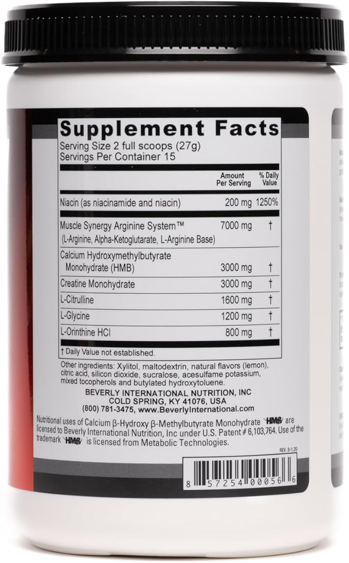 Beverly International Muscle Synergy 405g (Lemon Powder 14.3 oz) Dramatic Muscle Pump, Size & Strength Maximizing Drink Mix w/HMB. L-Arginine, L-Citrulline, Creatine Monohydrate, L-Ornithine