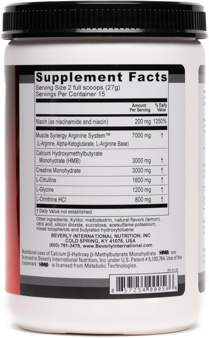 Beverly International Muscle Synergy 405g (Lemon Powder 14.3 oz) Dramatic Muscle Pump, Size & Strength Maximizing Drink Mix w/HMB. L-Arginine, L-Citrulline, Creatine Monohydrate, L-Ornithine