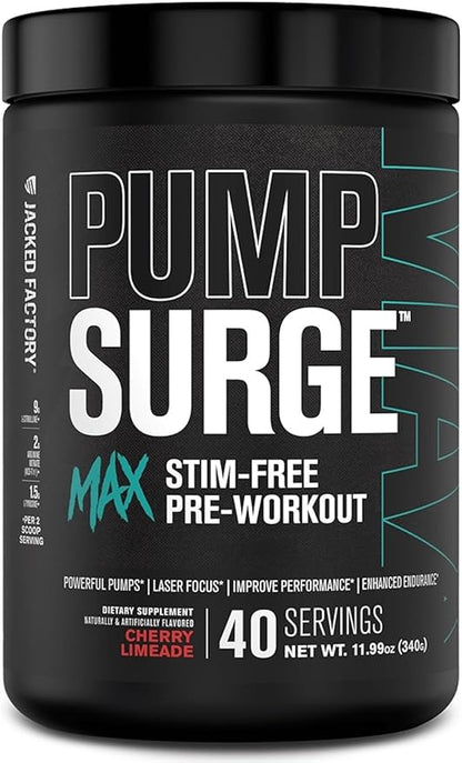 Jacked Factory Pumpsurge Max Stim Free Pre Workout - High-Performance Caffeine Free Pre Workout with L-Citrulline, N03-T Arginine Nitrate & Glutathione - 40 Servings, Cherry Limeade