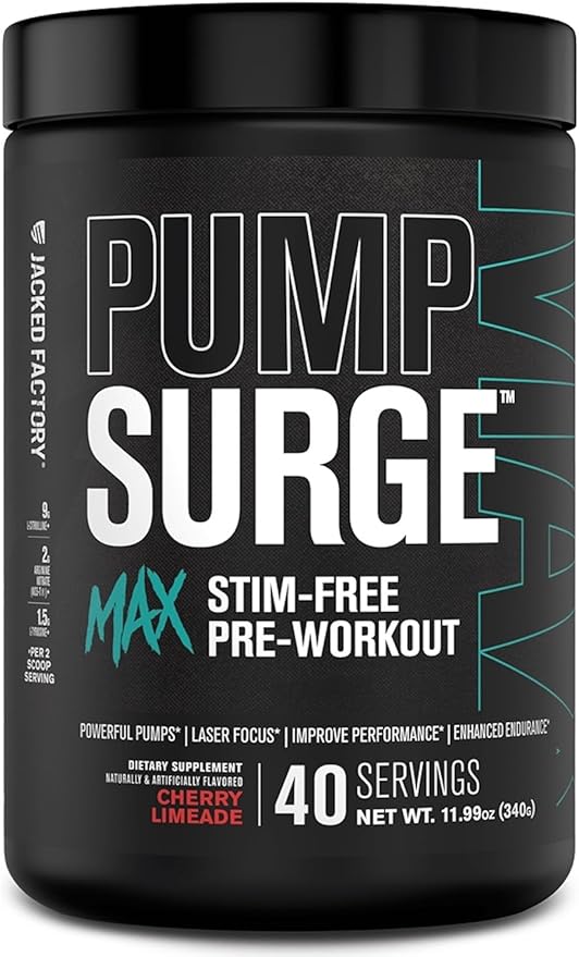 Jacked Factory Pumpsurge Max Stim Free Pre Workout - High-Performance Caffeine Free Pre Workout with L-Citrulline, N03-T Arginine Nitrate & Glutathione - 40 Servings, Cherry Limeade