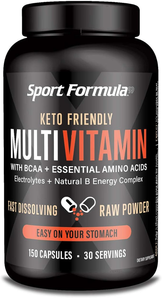 Sport Formula Daily Keto Superfood Multivitamin BCAA Amino Acid Powder Capsules for Men and Women. Won't Upset Your Stomach: Natural Vitamin B Energy Complex: Anti Aging Immune System Support