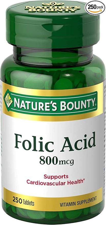 Nature's Bounty Folic Acid 800 mcg Vitamin Supplement Maximum Strength - 250 Tablets, Pack of 2