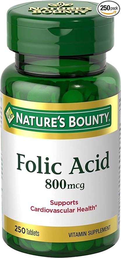 Nature's Bounty Folic Acid 800 mcg Vitamin Supplement Maximum Strength - 250 Tablets, Pack of 2
