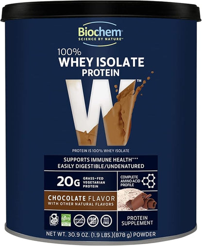 Biochem 100% Whey Isolate Protein - Chocolate Flavor - 30.9 Ounce - Supports Immune Health - Easily Digestible - Refreshing Taste - 20g Vegetarian Protein - Amino Acids…