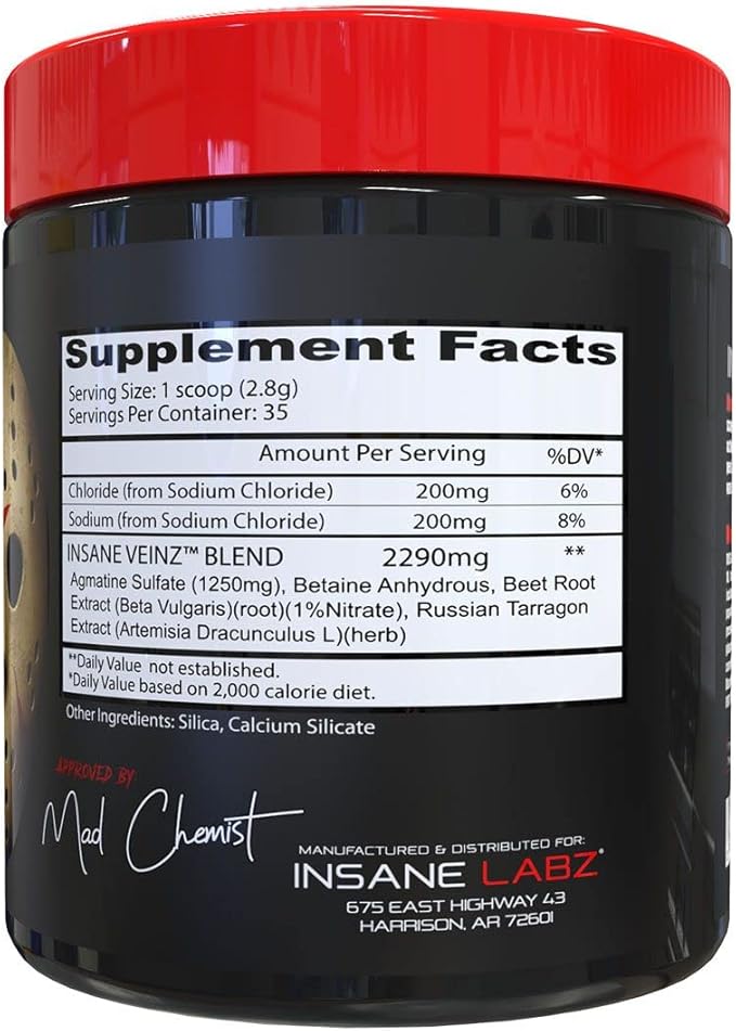 Insane Labz Insane Veinz Non Stimulant NO Enhancing Powder, Nitric Oxide Booster, Loaded with Agmatine Sulfate and Betaine Anhydrous, Increase Vascularity, 35 Srvgs