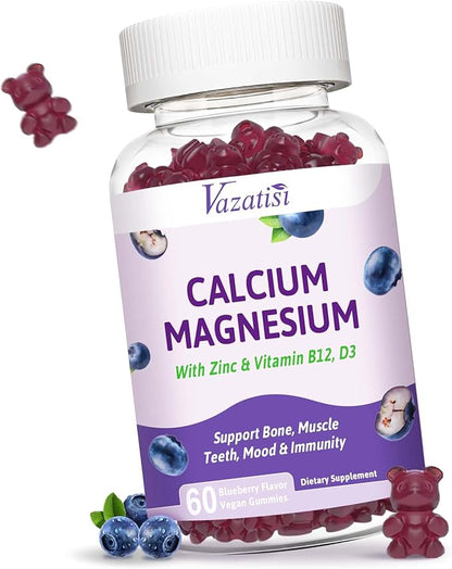 Calcium Magnesium Zinc Gummies with Vitamin D3 and B12, Immune Support Calcium Supplements for Women Men, 60 Vegan Blueberry Flavor Gummies