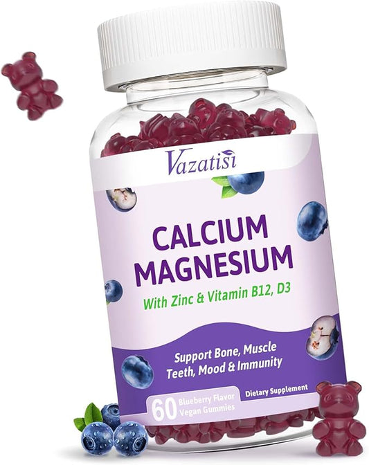 Calcium Magnesium Zinc Gummies with Vitamin D3 and B12, Immune Support Calcium Supplements for Women Men, 60 Vegan Blueberry Flavor Gummies