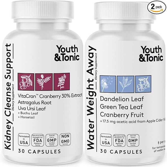 Youth & Tonic Daily Water Retention Pills for Kidney Cleanse Swelling and Excess Body Fluids & Metabolic Waste / 30 + 30 Capsules