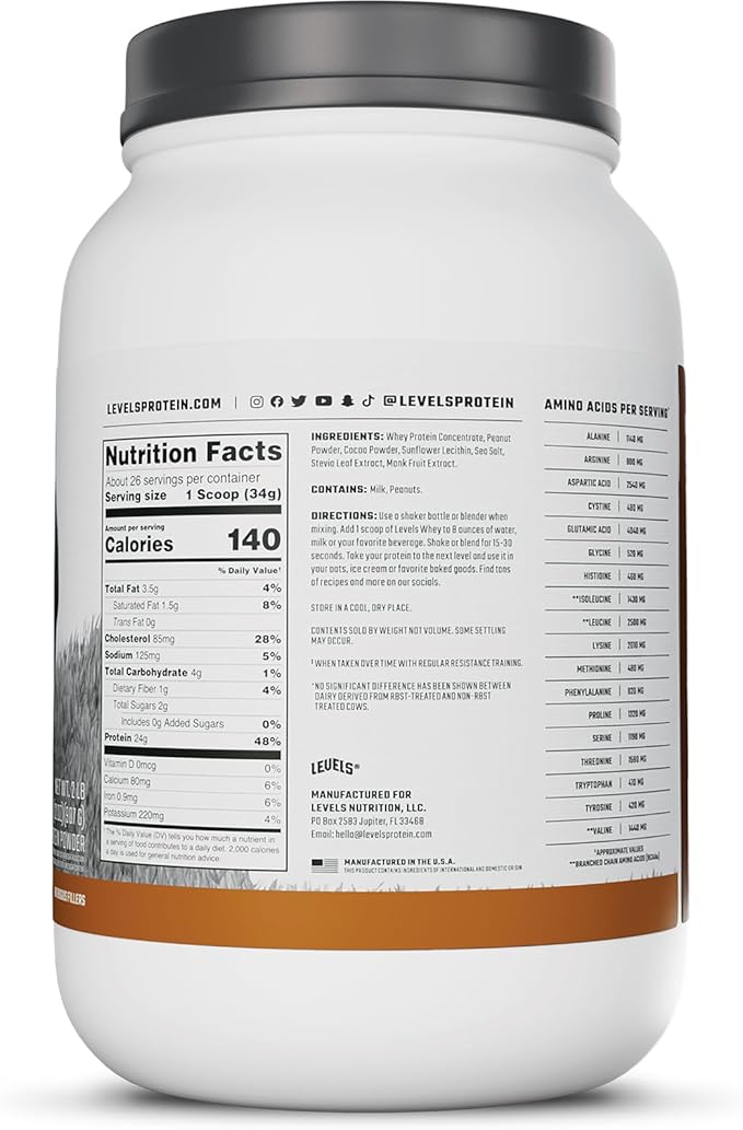 Levels Grass Fed Whey Protein Powder, No Artificials, 24G of Protein, Chocolate Peanut Butter, 2LB