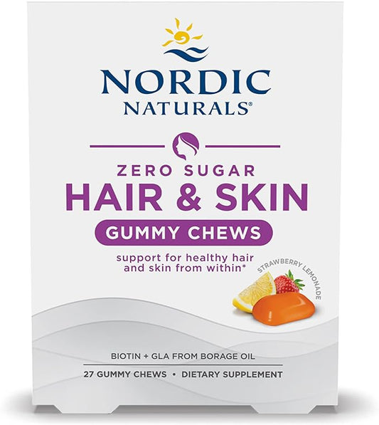 Nordic Naturals Zero Sugar Hair & Skin Gummy Chews, Strawberry Lemonade - 27 Gummy Chews - Biotin + GLA from Borage Oil - Promotes Healthy Balance of Fats in Skin - Non-GMO - 27 Servings