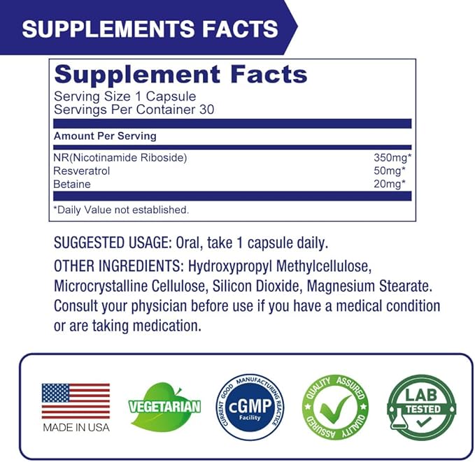 Lovita NR (Nicotinamide Riboside) 350 mg, NAD Supplement with Trans-Resveratrol and Betaine, Promote NAD Plus Levels, Healthy Aging, 30 Vegan Enteric-Coated Capsules