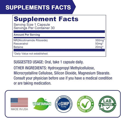 Lovita NR (Nicotinamide Riboside) 350 mg, NAD Supplement with Trans-Resveratrol and Betaine, Promote NAD Plus Levels, Healthy Aging, 30 Vegan Enteric-Coated Capsules