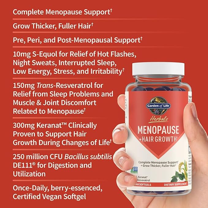 Garden of Life Herbals Menopause Supplement with S-equol & Trans-Resveratrol for Multi-Symptom Relief, Keranat for Thicker, Fuller Hair Growth – Non-GMO, Gluten-Free, Vegan, Berry Flavor, 30 Servings