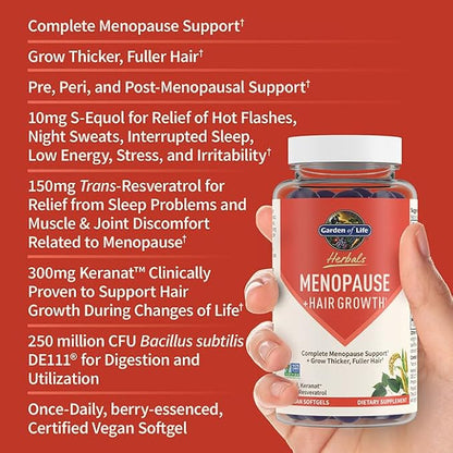 Garden of Life Herbals Menopause Supplement with S-equol & Trans-Resveratrol for Multi-Symptom Relief, Keranat for Thicker, Fuller Hair Growth – Non-GMO, Gluten-Free, Vegan, Berry Flavor, 30 Servings