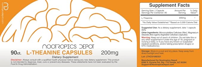 Nootropics Depot L-Theanine Capsules 200mg (90 Count) | Promotes Relaxation | Supports Healthy Stress Levels + Sleep Cycles | Promotes Cognitive Function + Focus | Amino Acid Supplement