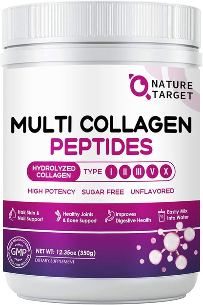 NATURE TARGET Multi Collagen Peptides Powder - Type I, II, III, V, X - Hydrolyzed Collagen Peptides with Vitamin C Hyaluronic Acid, Supports Skin Hair Nail & Joint, Grass-Fed, Non-GMO, 35 Servings