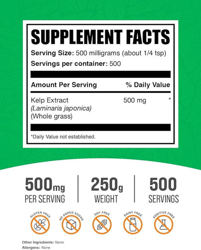 BulkSupplements.com Kelp Extract Powder - Kelp Supplement, Kelp Powder, Brown Seaweed Extract - Seaweed Supplement, Gluten Free, 500mg per Serving, 250g (8.8 oz) (Pack of 1)