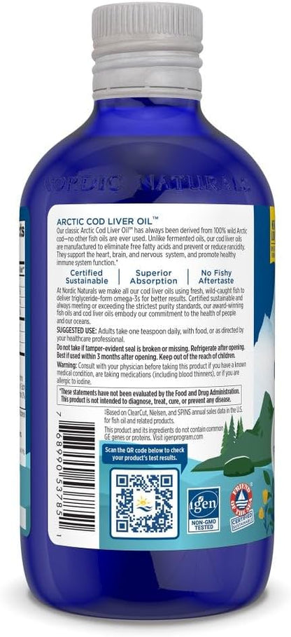 Nordic Naturals Arctic Cod Liver Oil, Unflavored - 8 oz - 1060 mg Total Omega-3s with EPA & DHA - Heart & Brain Health, Healthy Immunity, Overall Wellness - Non-GMO - 48 Servings