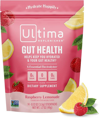 Ultima Replenisher Gut Health Supplement & Electrolytes Powder - Raspberry Lemonade, 14 Stickpacks - Hydration Packets with Added Gut Health Benefits