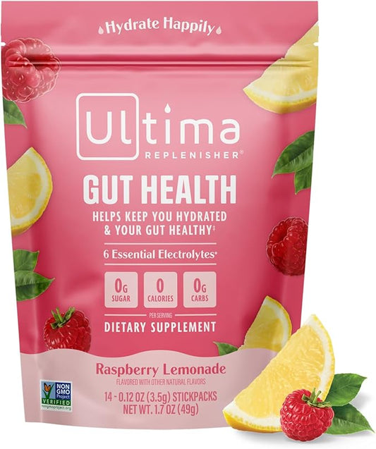 Ultima Replenisher Gut Health Supplement & Electrolytes Powder - Raspberry Lemonade, 14 Stickpacks - Hydration Packets with Added Gut Health Benefits