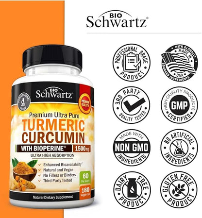 Turmeric Curcumin with Black Pepper Extract 1500mg - High Absorption Ultra Potent Turmeric Supplement with 95% Curcuminoids and BioPerine - Non GMO Turmeric Capsules for Joint Support - 180 Capsules