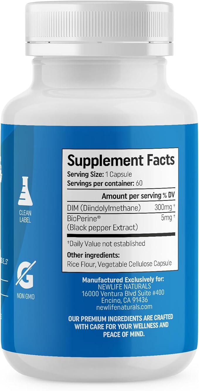 NewLife Naturals DIM Supplement 300mg for Women & Men - Hormonal Acne, Estrogen Balance Pills, Post Menopause Relief | Healthy Estrogen Level | Hormonal Balance - Bioperine | PCOS - 60 Day Supply